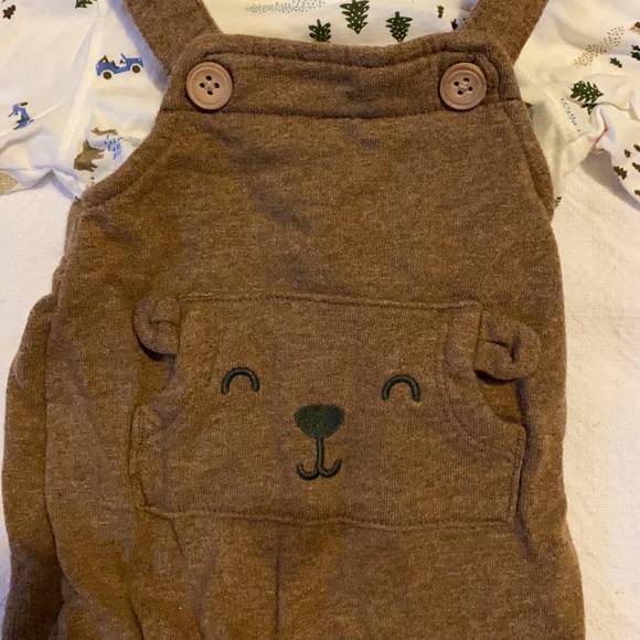 Carter NB Brown Bear Overalls and Forest Long Sleeve Shirt  EUC - Picture 2 of 8